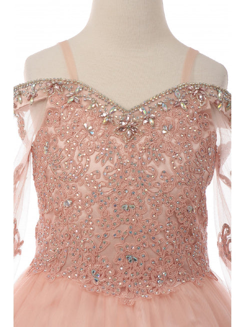Little Girls Blush Off Shoulder Long Sleeve Rhinestone  Pageant Dress 2-6 - SophiasStyle.com